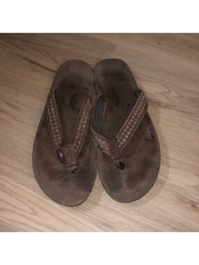 RAINBOW FLIP FLOPS SANDALS BROWN LEATHER THE BENTLEY WOVEN MENS SZ 13.5-15 XXXL